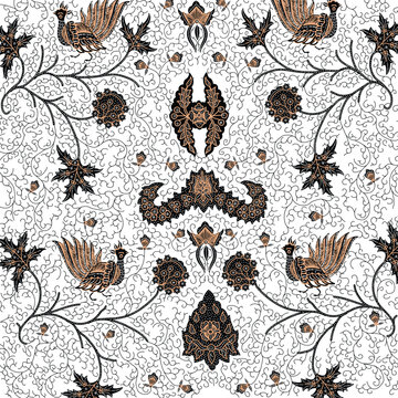 Brown batik motif with bird and flowers pattern, with root background.