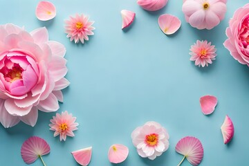 a frame made of delicate pink peony petals on a pastel blue background with copy space