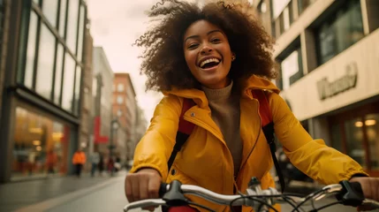 Tuinposter Black young content creator woman cycling in the city © EmmaStock