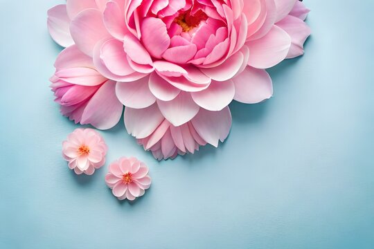 a frame made of delicate pink peony petals on a pastel blue background with copy space