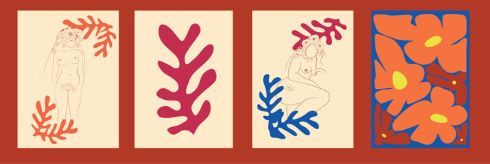  figures in different poses with flowers in a minimalist style