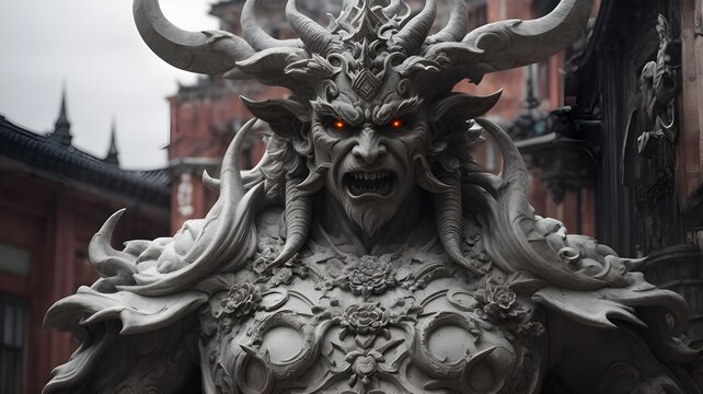 a close up of a statue of a demon with horns. A white marbel demon. Ai generated image