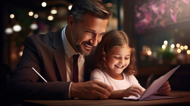 father teaching daughter homework and use tablet