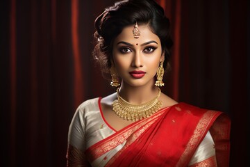 Graceful Bengali bride in traditional Benarasi saree reflecting joy and cultural fervor