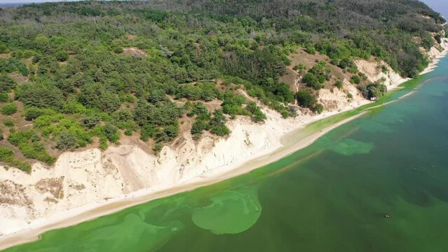 Ukraine, View from the mountain Pivikha on the Kremenchuk water reservoir near Svitlovodsk, Kirovograd region, Ukraine. Natural background in a sunny summer day.