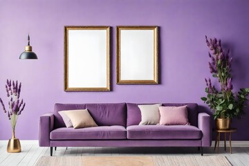 mockup poster blank frame hanging on a lavender wall, above a contemporary sofa, Bohemian-inspired living room