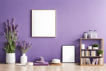 mockup poster blank frame hanging on a lavender wall, above a modern bookshelf, Minimalist Nordic-style living room