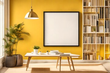 mockup poster blank frame hanging on a sunny yellow wall, above a contemporary bookshelf, Minimalist Scandinavian-style living room