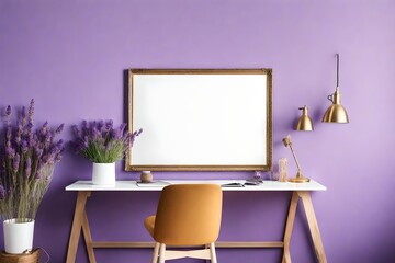 mockup poster blank frame hanging on a lavender wall, above a modern writing desk, Bohemian Eclectic-style home office