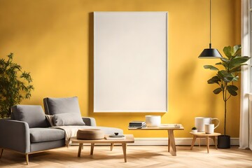 mockup poster blank frame hanging on a sunny yellow wall, above a contemporary bookshelf, Minimalist Nordic-style living room