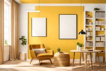 mockup poster blank frame hanging on a sunny yellow wall, above a contemporary bookshelf, Minimalist Nordic-style living room