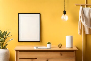 mockup poster blank frame hanging on a sunny yellow wall, above a sleek nightstand, Scandinavian Coastal-style bedroom decor