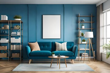 mockup poster blank frame hanging on a vibrant blue wall, above a contemporary bookshelf, Minimalist-style living area