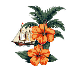 an orange Hibiscus floral and schooner ship, pirate Island graphic for stickers, t-shirts, etc. in a Tropical-themed, retro illustration in a transparent PNG, cutout, and isolated. generative ai
