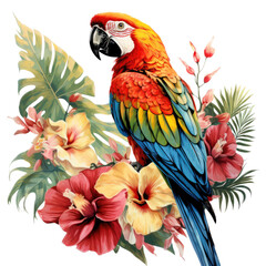 an island floral with a Scarlet Macaw, pirate Island graphic for stickers, t-shirts, etc. in a Paradise-themed, retro illustration in a transparent PNG, cutout, and isolated. generative ai