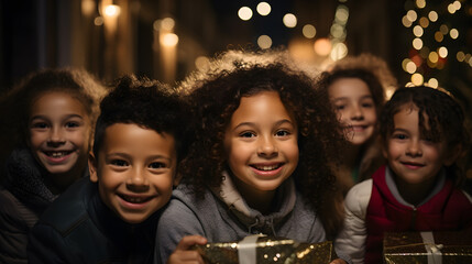 trio de niños latinos sonrientes con luces frescas y brillantes disfrutando la navidad - obrazy, fototapety, plakaty
