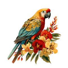 an island floral with a Parrot, pirate Island graphic for stickers, t-shirts, etc. in a Paradise-themed, retro illustration in a transparent PNG, cutout, and isolated. generative ai
