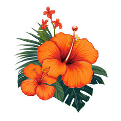 Vintage orange and white Hibiscus with foilage, a pirate Island graphic for stickers, t-shirts, etc. in a Tropical-themed,  illustration in a transparent PNG, cutout, and isolated. generative ai
