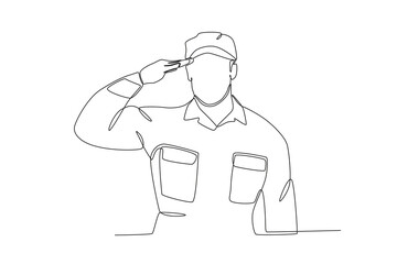 A soldier celebrates his freedom. Veteran day one-line drawing