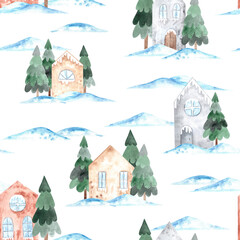 Fototapeta na wymiar Watercolor winter seamless pattern of village landscape. Hand painted christmas wood with different cozy little houses, fir trees, snowdrifts. New year winter forest. illustration for cards, textile.