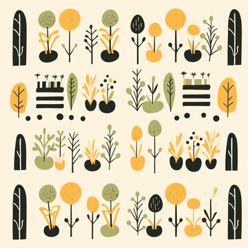 Raised garden beds pattern, background, hand-drawn cartoon flat art Illustrations in minimalist vector style