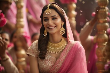 Elegant bride from Punjab in pink and gold Patiala suit, radiant smile