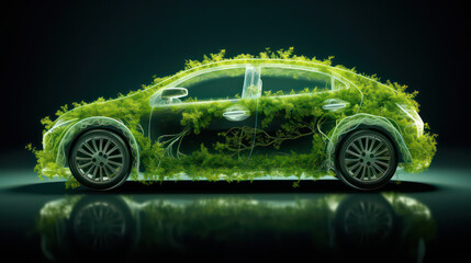 Electric Car Made Entirely from Plants. Vibrant Green Energy. Ecological Innovation. Ecological Electric Car Concept. Generative AI - obrazy, fototapety, plakaty