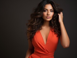 Naklejka premium Elegant Indian beauty in vibrant coral jumpsuit, essence of self-expression and individuality in lifestyle and self-improvement commercial