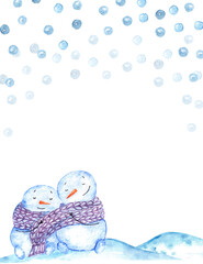 Christmas new year xmas mock up with copy space and snowdrifts, snow and snowflakes.Watercolor cute cartoon snowman and snow girl tied one scarf, hugging lovers.Christmas new year card illustration