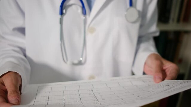 Join Dr. as she reviews cardiac probes and electrograms in her medical attire within her office. Explore the crucial role of these tests in heart health assessment and diagnosis. A captivating journey