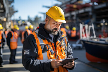 Foreman in uniform wearing safety helmet using tablet checking containers loading