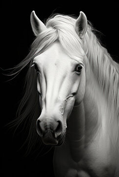 Light white horse face, close up on black background, Illustration of horse photography, studio lighting, AI generative
