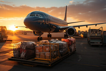Fototapeta na wymiar Loading and unloading of goods and carry-on baggage at a military airport