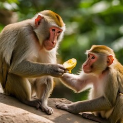 Fototapeta premium Wild Macaques Indulging Captivating Images of Macaques Enjoying Their Meals