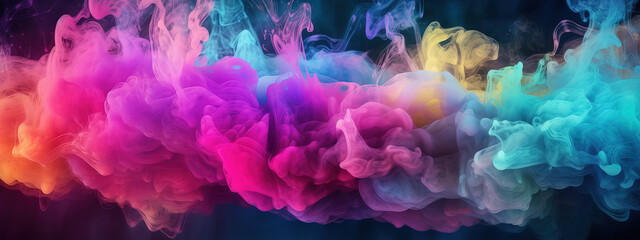 Fototapeta premium Smoke colorful clouds background banner for webpage. Paint explosion blue, pink, purple, yellow multicolor mobile backdrop. Abstract multicolor futuristic fog, sky texture. Generative AI.