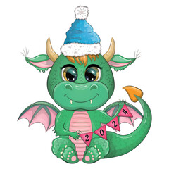 Cute cartoon green dragon in santa hat. 2024 new year, chinese calendar