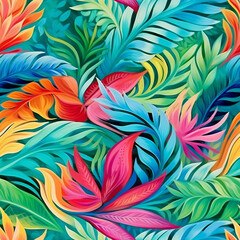 Tropical leaves and flowers repeat seamless pattern background in watercolor and acrylic style