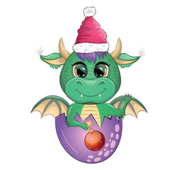Cute cartoon green dragon in santa hat. 2024 new year, chinese calendar