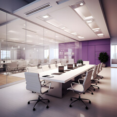 Fototapeta na wymiar White and Purple Industrial Design with Glass-Walled Management and Meeting Rooms, Office interior design