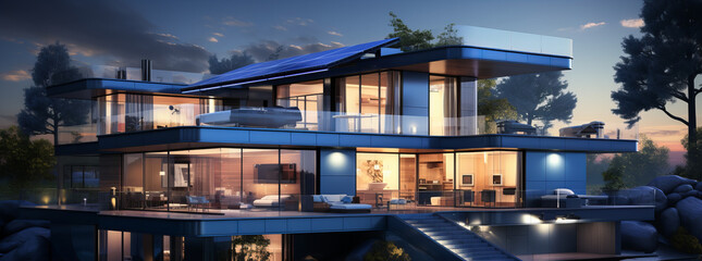 Fototapeta premium Contemporary masterpiece: a multi-floor villa surrounded by a pool, surrounded by nature, and characterized by its many windows