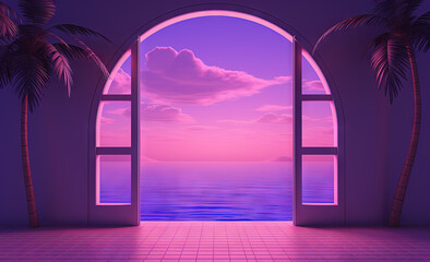 Open window with tropical landscape and ocean in vaporwave style. Purple sundown in 90s style room, vacation calmness frame.