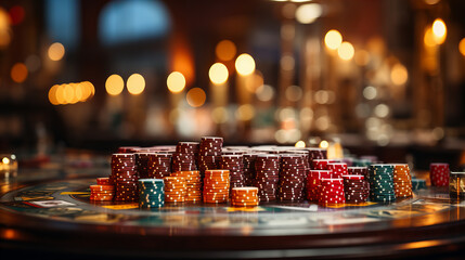 Casino vibes, poker essentials, betting chips, card shuffling, gambling night, poker setup, casino-themed, game table, candlelit ambiance, poker strategy