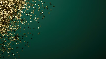 Golden and green confetti background. New years Christmas gold green background with copy space - obrazy, fototapety, plakaty