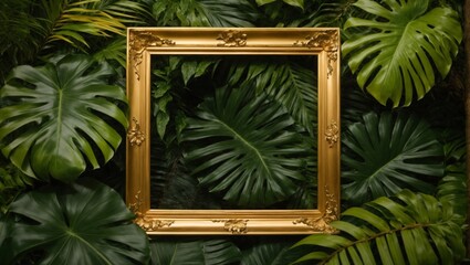 Golden frame on a tropical background, empty golden frame, leaves background, mockup
