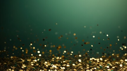 Golden and green confetti background. New years Christmas gold green background with copy space