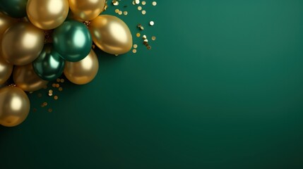 Golden and green balloons with golden confetti. New years Christmas gold green background with copy space