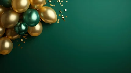 Poster Golden and green balloons with golden confetti. New years Christmas gold green background with copy space © irissca