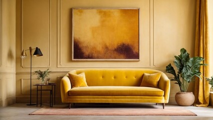 modern living room, mustard velvet love seat sofa against beige stucco wall