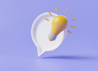 Chat icon with light bulb, Social media messages, Quick tip, Questions and answers, Thinking icon, Inspiration, New idea, light bulb in speech bubble, Idea tip concept. 3d render illustration