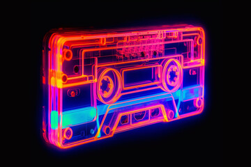 Neon cassette. Nostalgia of the 90s. Audio cassette for listening to music.	 - obrazy, fototapety, plakaty